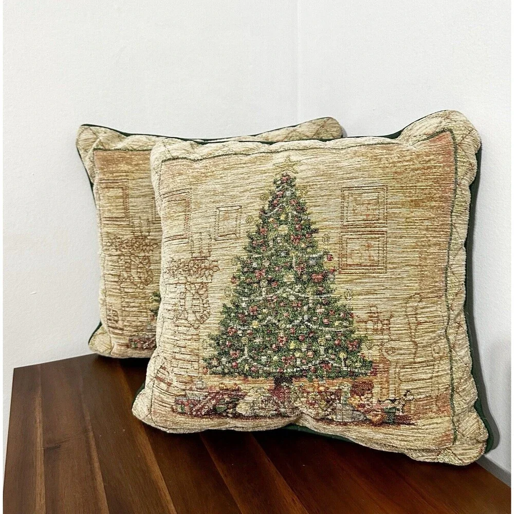 Set Of Two Vintage Dan Morris Christmas Elegance Tree Tapestry Pillows 16x16